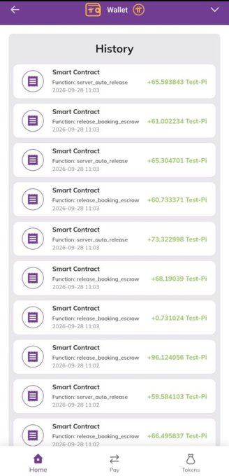 A screenshot of a cryptocurrency wallet's history tab showing multiple Smart Contract transactions including functions like 'server_auto_release' and 'release_booking_escrow' with various Test-Pi amounts and timestamps from 2026-09-28.