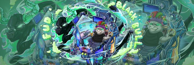 A colorful digital artwork features green-skinned characters with the text 'Joker', 'Zero', and 'Black' floating around them in a stylized scene.