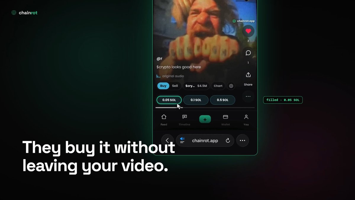 A promotional graphic for the 'chainrot' app shows a TikTok-style vertical video interface with an in-app crypto purchase overlay for $cry… (Solana memecoin), with the text 'They buy it without leaving your video.'