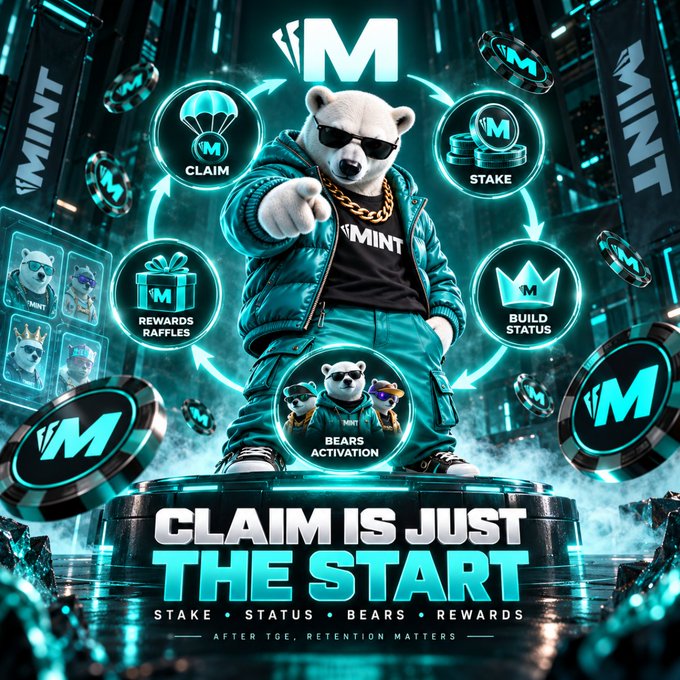 A promotional graphic for a cryptocurrency or NFT project called 'MINT' features an anthropomorphic bear in sunglasses surrounded by icons for Claim, Stake, Rewards Raffles, Bears Activation, and Build Status, with the tagline 'CLAIM IS JUST THE START.'