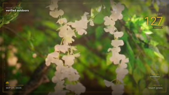 A PROJECT VERIFIED outdoors day streak screen showing DAY 127 with a TOP 1% USERS TOWARDS status, dated SEP 27, 2026, overlaid on a blurred image of hanging white flowers, with the prompt 'touch grass.'