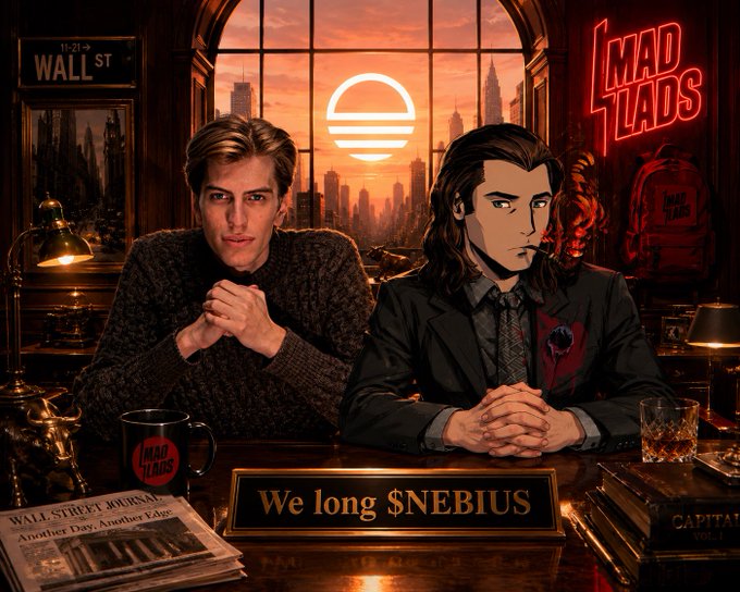 The image shows a stylized illustration of two men seated at a desk with a city skyline at sunset, featuring neon "MAD LADS" signage, a "WALL ST" street sign, and a prominent nameplate reading "We long $NEBIUS." The scene visually reinforces the post's bullish sentiment on $NBIS (Nebius), echoing the "Mad Lads" energy and Wall Street backdrop while pairing a serious investor with the animated "Mad Lads" character to convey defiant conviction in the trade.