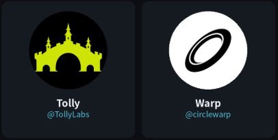 The image displays two project logos side by side: "Tolly" by @TollyLabs, featuring a yellow castle/arch icon on a black background, and "Warp" by @circlewarp, shown with a black ring icon on a white background. These logos visually represent the competing Arc mainnet launchpads mentioned in the accompanying post, with Tolly currently leading in trading volume at around 1.8 million and 209 listed tokens.