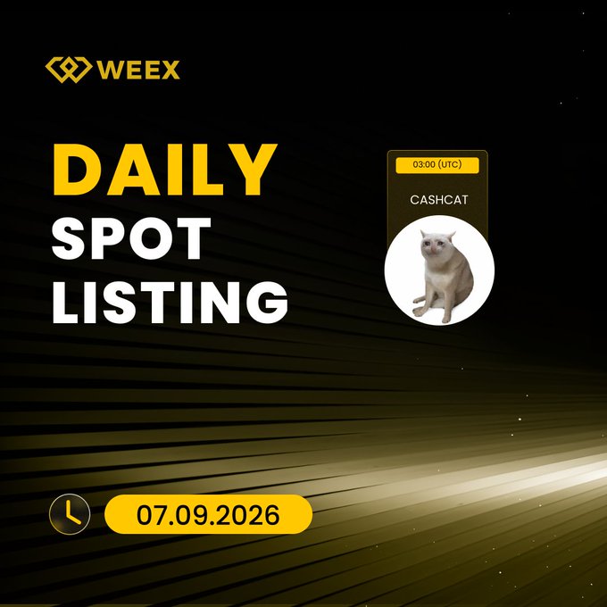 WEEX Daily Spot Listing promotional graphic featuring $CASHCAT, scheduled for 03:00 (UTC) on 07.09.2026, with a cat image representing the new token listing.