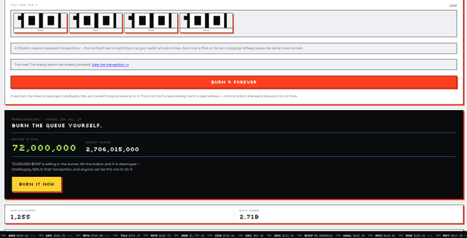 A screenshot of a website titled 'BURN YOUR VALUE' showing a queue transaction for '10,001,001,000' with a 'BURN IT NOW' button and prices of 72,000,000 and 2,706,015,000.