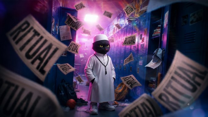 Stylized image of an anthropomorphic black cat wearing a white robe and cap standing in a hallway of lockers, surrounded by floating papers labeled 'RITUAL'.