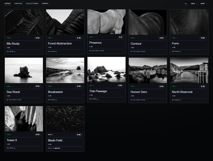 A dark-themed online marketplace showing a grid of black and white photography listings including "Rib Study," "Frond Abstraction," "Presence," "Contour," and "Form."