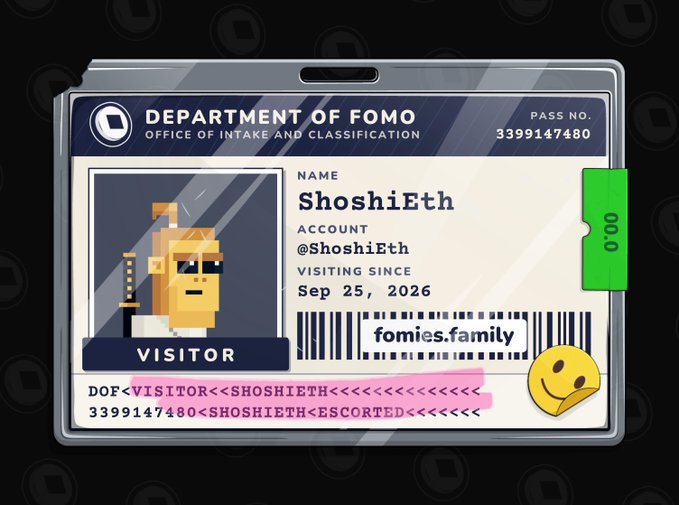 A digital ID card from the 'Department of FOMO' for the user 'ShoshiEth' (@ShoshiEth) with pass number 3399147480 and the URL 'fomies.family', featuring a pixel art avatar.