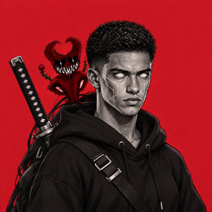 A digital illustration of a young man with glowing white eyes and geometric facial markings, wearing a black hoodie with a katana strapped to his back, alongside a small red demon creature against a vivid red background.