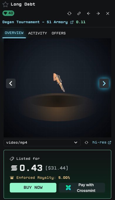 A mobile app screenshot titled 'Long Debt' showing a 'Degen Tournament - S1 Armory' NFT listing priced at 0.43 ETH ($31.44) with 0.11 ETH royalty and a 5.00% enforced royalty, offering 'BUY NOW' and 'Pay with Crossmint' options.