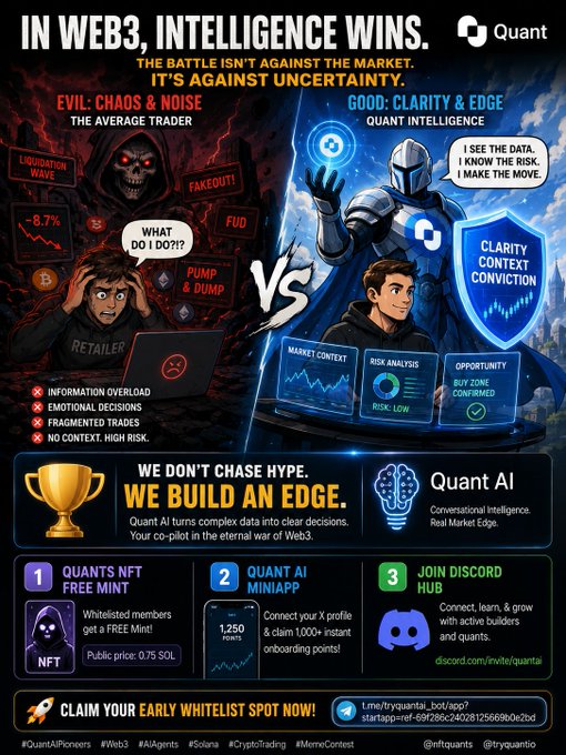 A promotional graphic for Quant AI featuring a split fantasy-style illustration titled "IN WEB3, INTELLIGENCE WINS," depicting a hooded skeleton labeled "EVIL: CHAOS & NOISE" and "THE AVERAGE TRADER" facing off against an armored knight labeled "GOOD: CLARITY & EDGE" and "QUANT INTELLIGENCE" with the tagline "WE BUILD AN EDGE," along with calls to action for a free NFT mint, Discord hub, and early whitelist signup. The visual battle between chaos and clarity directly mirrors the post's theme of traders struggling with information overload and emotional decisions versus finding market clarity through Quant Intelligence.