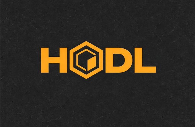 A logo design with the word "HODL" in orange capital letters on a dark textured background, where the letter "O" is stylized as a hexagon containing a cube-like shape.