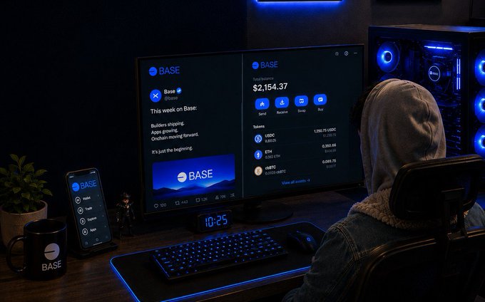 A person in a hoodie sits at a desk setup with monitors and a phone displaying 'BASE' branding and crypto transaction information.