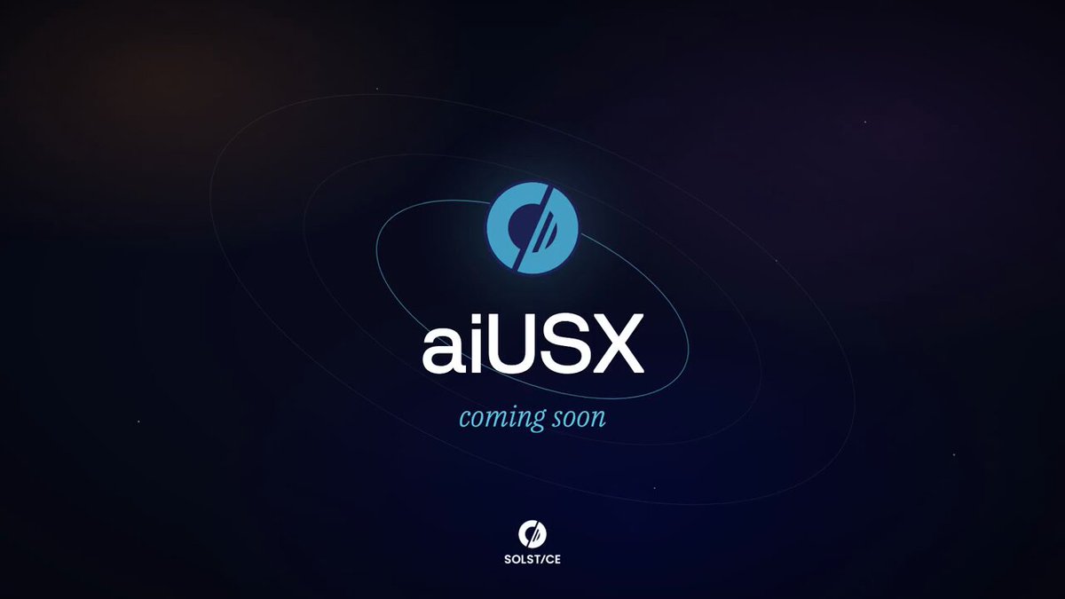 The image features a large blue circle with a white "A" inside, surrounded by smaller circles of varying sizes. Below this central circle, there's text that reads "aiusx coming soon", indicating that the image is related to an upcoming release or update for the cryptocurrency exchange. The post also mentions the terms "DeFi x AI x Solana = Solstice".