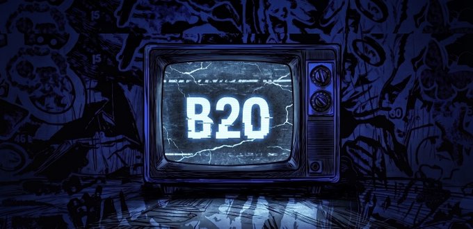 A vintage television set displaying 'B20' in glowing white letters against a dark blue graffiti-covered wall background.