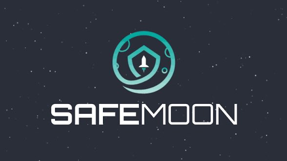 The SafeMoon cryptocurrency logo featuring a rocket ship inside a teal shield design against a dark starry background.