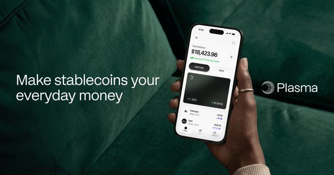 An advertisement for Plasma showing a hand holding a smartphone displaying a balance of $18,423.96, with the text 'Make stablecoins your everyday money.'