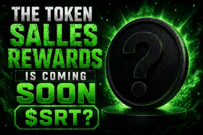A promotional graphic with green text reading 'THE TOKEN SALLES REWARDS IS COMING SOON $SRT?' next to a dark coin with a question mark against a green glowing background.