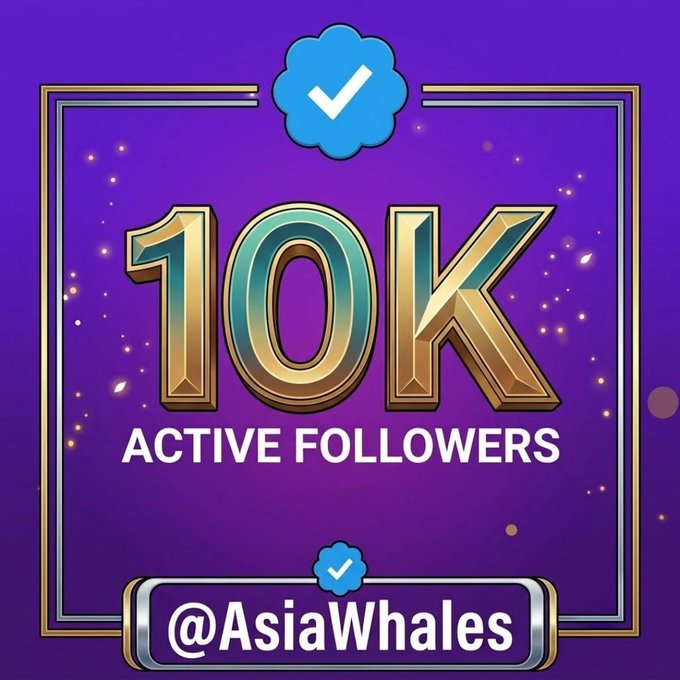 A purple and gold celebratory graphic with a blue checkmark badge, displaying '10K ACTIVE FOLLOWERS' and the handle '@AsiaWhales'.