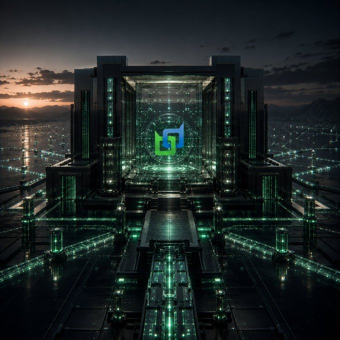 A futuristic, dark sci-fi cityscape with glowing green lights features a central cube structure displaying a blue and green logo, set against a twilight sky.