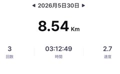 The image shows a fitness tracking app displaying the time, distance, and speed of a walk taken by someone named "SuperWalk" at 5:30 pm. The app also provides an estimated time for completing the walk based on the current distance and speed.