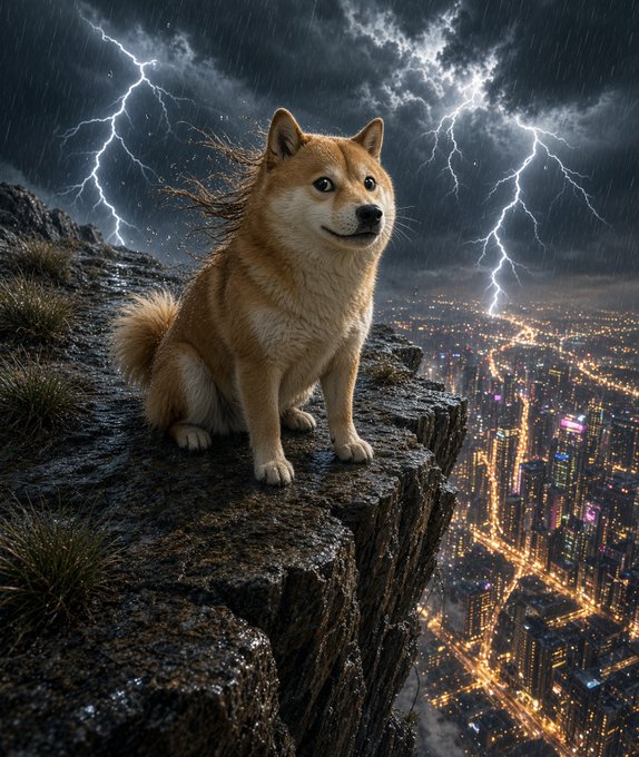 A Shiba Inu dog sits on a rocky cliff edge overlooking a brightly lit city below while dramatic lightning bolts strike across a stormy night sky.