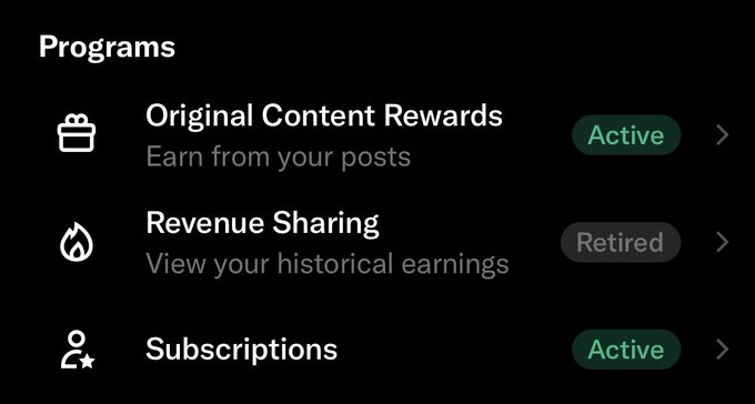 A dark-themed mobile app interface showing a 'Programs' menu with 'Original Content Rewards' (Active), 'Revenue Sharing' (Retired), and 'Subscriptions' (Active).
