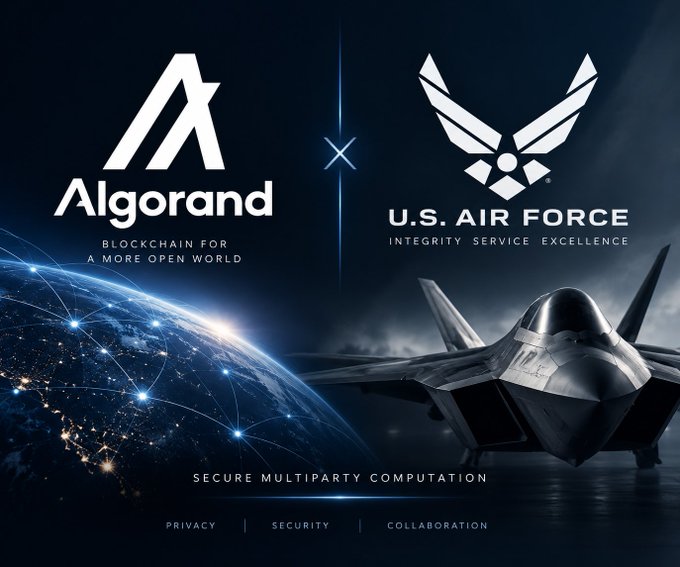 A promotional image for a partnership between 'Algorand' (Blockchain for a more open world) and the 'U.S. Air Force' (Integrity Service Excellence), with the text 'SECURE MULTIPARTY COMPUTATION - PRIVACY | SECURITY | COLLABORATION' at the bottom.