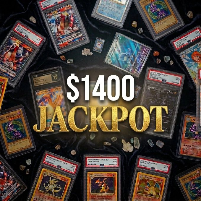 A promotional image showing graded Pokémon trading cards and crystals scattered on a black velvet background with the bold text '$1400 JACKPOT' in the center.