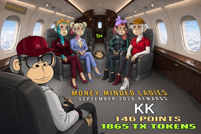 An illustrated promotional graphic shows cartoon monkeys and women sitting inside a private jet, with text reading 'MONEY MINDED LADIES SEPTEMBER 2026 REWARDS', 'KK', '146 POINTS', and '1865 TX TOKENS'.