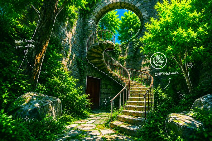 A lush green garden scene with a stone spiral staircase leading to a circular window, featuring the text 'build freely, grow wildly' and 'CNPYNetwork' logo.