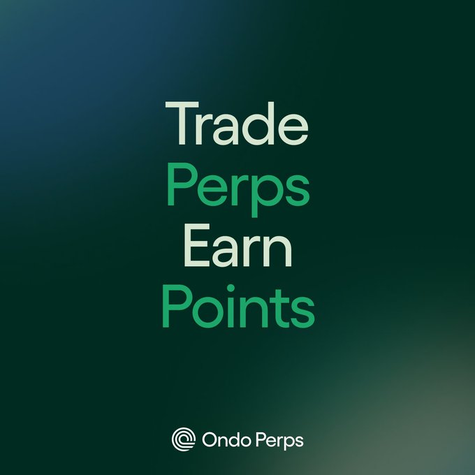 The image is a promotional graphic with a dark green gradient background featuring the stacked text "Trade Perps Earn Points" in alternating white and green lettering, with the "Ondo Perps" logo at the bottom. It relates to the post by highlighting Ondo's new points-based incentive program for perpetual futures traders, which the poster notes rewards volume and open interest—though the actual utility of these points remains unclear.