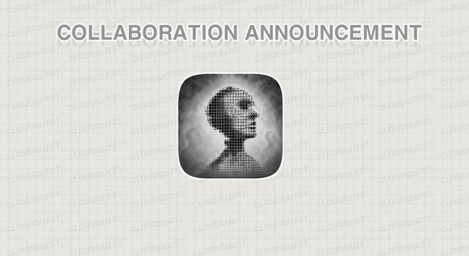 A grey-themed "COLLABORATION ANNOUNCEMENT" slide featuring a central stylized wireframe bust icon and a "CLOUDQUEST" watermark pattern across the background.