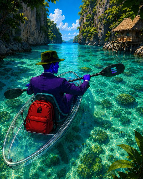 A vibrant illustration depicts a blue-skinned figure in a purple suit and green hat kayaking through clear turquoise waters, carrying a red backpack, with a thatched-roof hut perched on a cliff to the right.