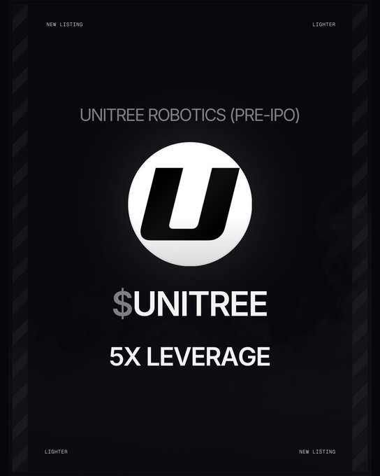 A dark promotional graphic announcing the listing of UNITREE Robotics (Pre-IPO) with its bold "U" logo centered between the header "UNITREE ROBOTICS (PRE-IPO)" and the "$UNITREE 5X LEVERAGE" details, echoing the announcement of a new RWA perpetual contract with up to 5x leverage.