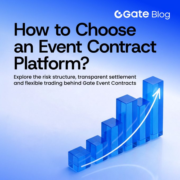 A Gate Blog promotional graphic titled "How to Choose an Event Contract Platform?" with the tagline "Explore the risk structure, transparent settlement and flexible trading behind Gate Event Contracts," featuring a 3D illustration of an ascending blue bar chart with an upward arrow that visually reinforces the post's message about evaluating platform details and accessibility starting from $5.