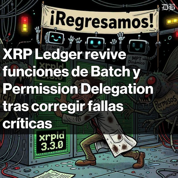 A graphic in Spanish announcing 'XRP Ledger revive funciones de Batch y Permission Delegation tras corregir fallas críticas' with cartoon robots holding a '¡Regresamos!' banner over an illustration of a disheveled man near an 'xrpld 3.3.0' terminal.