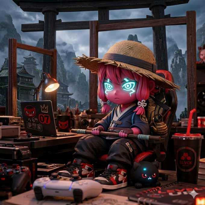 The image features a cartoon girl sitting at a desk, surrounded by various gaming-related items such as a laptop computer, a cell phone, game controllers, and several books. The photo appears to be from an anime or manga style, with a focus on the girl and her surroundings.