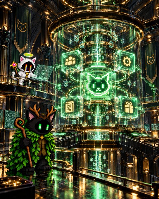 A digital fantasy scene features a cute dark creature wearing a leaf cloak and holding a staff in a green-lit ornate chamber, with a white cat on a balcony and glowing green cubes including a cat face floating in the center.