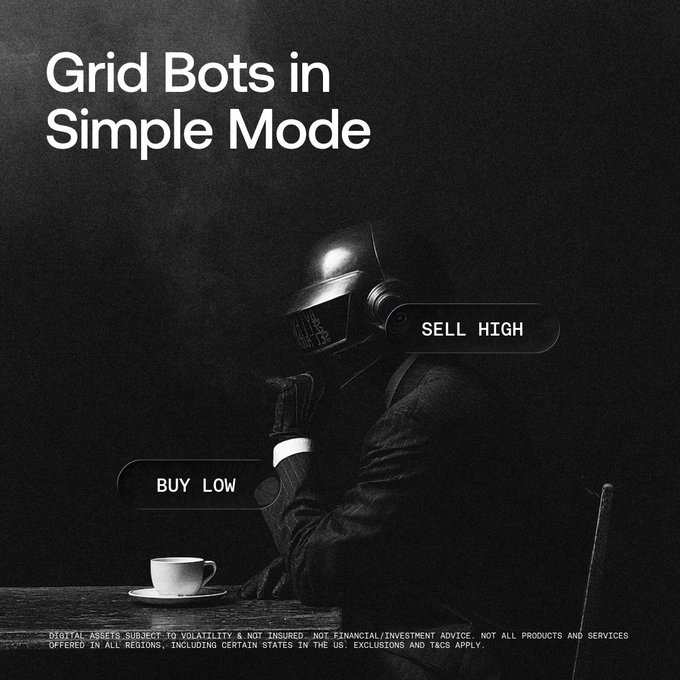 A sleek, dark-toned advertisement features a figure in a black helmet and suit seated at a table with a coffee cup, accompanied by floating "BUY LOW" and "SELL HIGH" text bubbles. The headline "Grid Bots in Simple Mode" reinforces the post's message about automated crypto trading that buys low and sells high on the user's behalf, while a disclaimer notes that digital assets are subject to volatility and not insured.