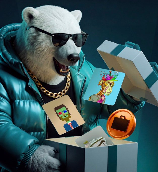 An AI-generated image of a polar bear wearing sunglasses and a teal puffer jacket with a gold chain, examining digital trading cards of NFTs emerging from a gift box.
