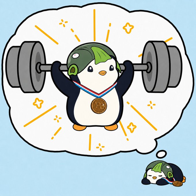 A cartoon penguin wearing a green cap and bronze medal daydreaming about lifting a heavy barbell, while sleeping on the ground below.