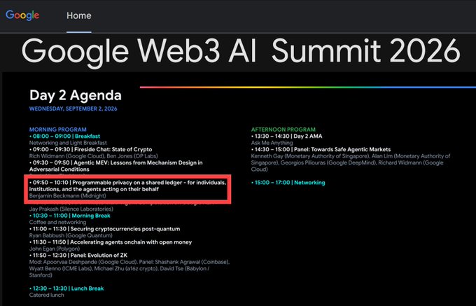 The image shows the Day 2 Agenda for the Google Web3 AI Summit 2026 (Wednesday, September 2, 2026), with a red box highlighting the 9:50–10:10 AM session titled "Programmable privacy on a shared ledger - for individuals, institutions, and the agents acting on their behalf," featuring Benjamin Beckmann of Midnight—a presentation that aligns with the post's highlight of Midnight presenting at the Google-hosted summit on decentralized AI infrastructure.