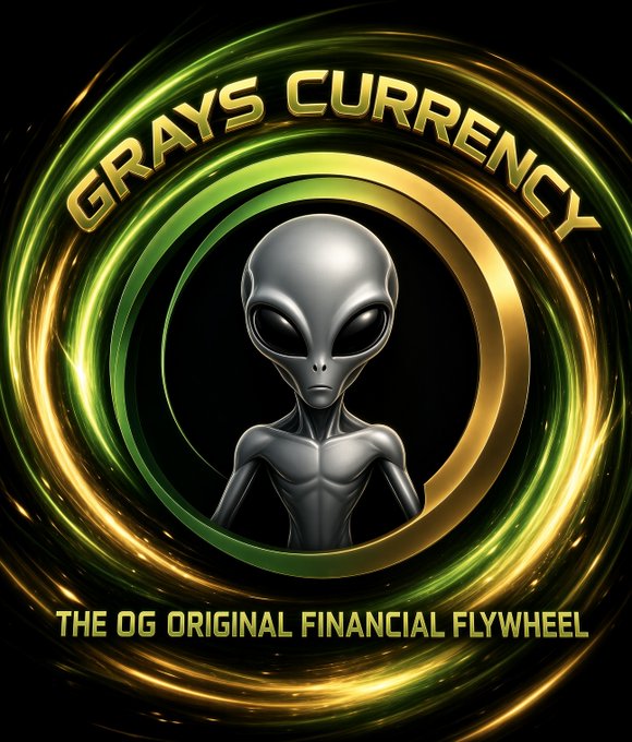 The image is a circular logo featuring a gray alien with large black eyes at the center, surrounded by gold and green rings. It bears the text "GRAYS CURRENCY" at the top and "THE OG ORIGINAL FINANCIAL FLYWHEEL" at the bottom. The logo visually represents Grays Currency's continuous deflationary "flywheel" mechanism referenced in the post, where the burning of 39,000,000 PTGC tokens funded by the 300M PLS ($3,900) deployment drives ongoing volume, revenue, and yield.