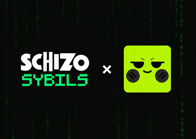A logo graphic displays 'SCHIZO SYBILS' in white and green text next to a green square character icon with a smug expression, set against a black background with falling green code.