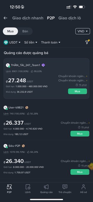 A mobile screenshot of a Vietnamese P2P crypto trading app showing USDT buy listings from various sellers (THAN_TAI_247_Team1, User-b9821, Siêu-P2P) with prices around 27,248 VND.
