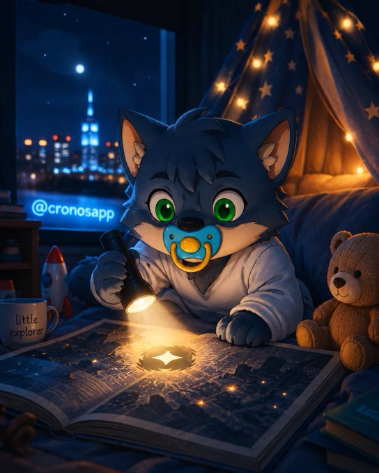 The image features a cartoon cat, Baby Wolfie, sitting on a bed with a book open in front of him. The book has an image of the Cronos app logo on it. Baby Wolfie is holding a pacifier while looking at the book. The caption for the image reads "Baby Wolfie couldn't sleep... So he went hunting for the new Cronos logo. Found it. The new @cronosapp rebrand is clean. Sometimes the best designs are the ones you don'n notice immediately."