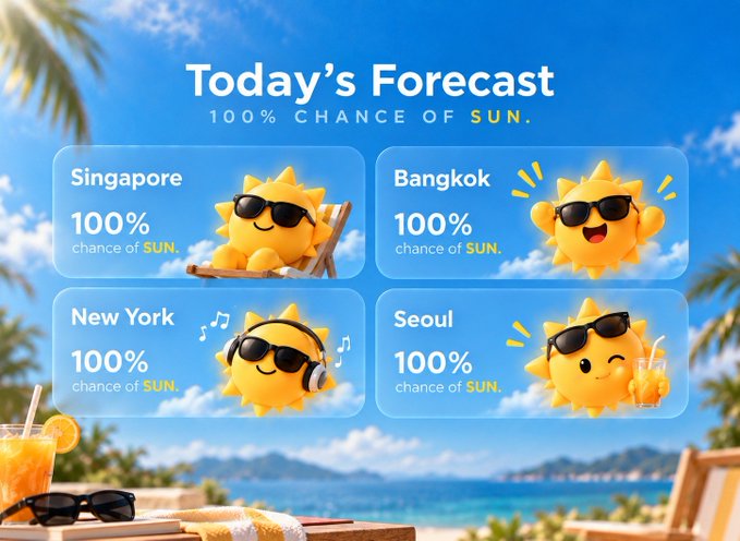 A cheerful weather forecast graphic titled 'Today's Forecast' showing 100% chance of sun for Singapore, Bangkok, New York, and Seoul, featuring cartoon sun emojis wearing sunglasses on a tropical beach background.