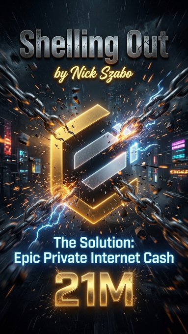 The image features a poster with an illustration of a chain and a city skyline behind it. The title "Shelling Out" is written above the chain, and the caption below reads "The Solution: Epic Private Internet Cash 21M".