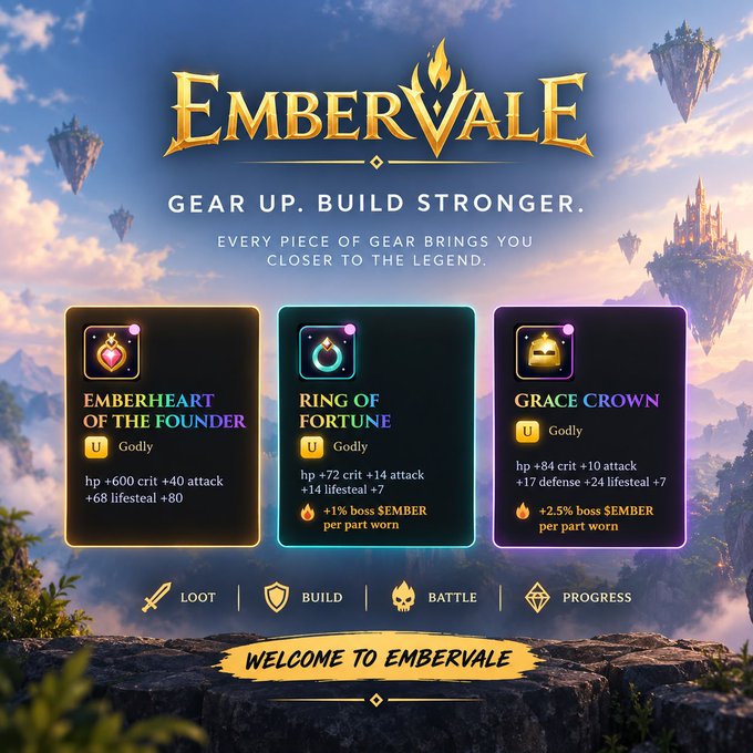 A promotional graphic for the game 'EmberVale' featuring three Godly tier items: 'Emberheart of the Founder,' 'Ring of Fortune,' and 'Grace Crown,' with the tagline 'Gear Up. Build Stronger.'